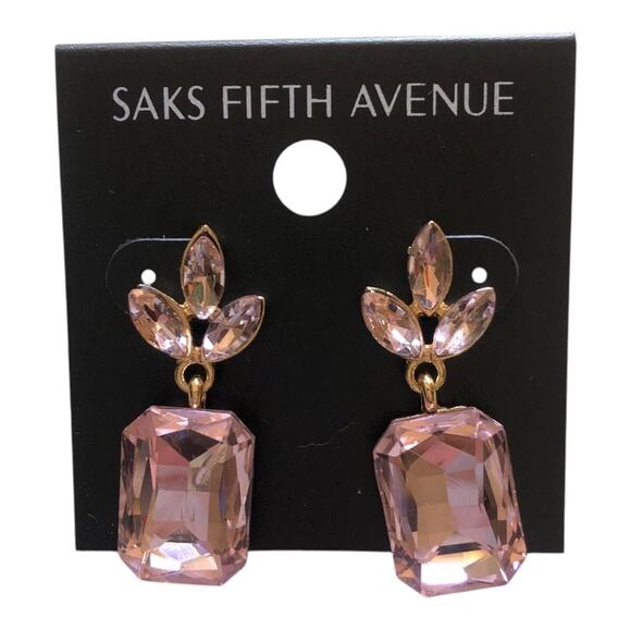 Saks Fifth Avenue NWT Leaf Crystal Rectangle Soft Petal Pink Dangle Earrings - Picture 4 of 11